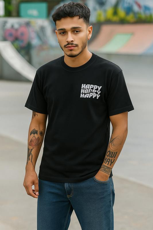 Triple Happy Oversized T-Shirt – Black